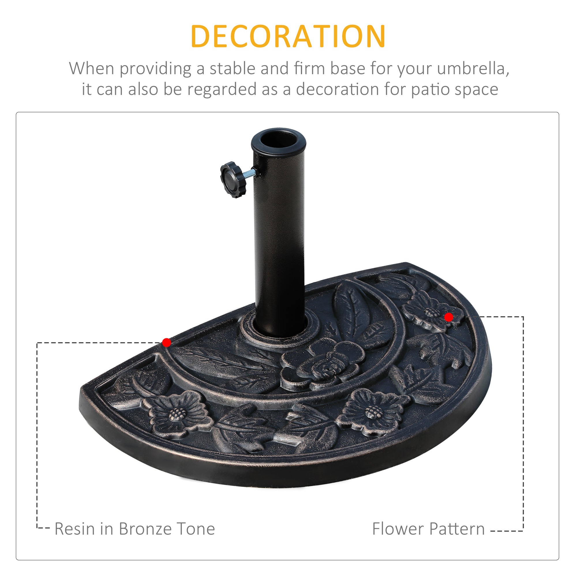 Outsunny 9kg Resin Parasol Base, Half Round Umbrella Stand with Floral Design for Garden, Outdoor, Suitable Umbrella Rod: Φ3.8cm, Φ4.8cm, Bronze Tone 