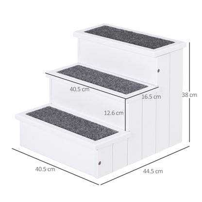 PawHut 3 Step Wooden Dog Steps Pet Stairs for Dogs, Cat Ladder for Bed Couch with Storage White 