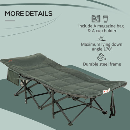 Outsunny Foldable Sun Lounger, Padded Patio Camping Bed with Carry Bag, Magazine Bag and Cup Holder for Outdoor, Garden, Porch, Grey 