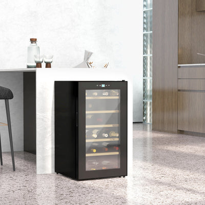 HOMCOM 24 Bottles Freestanding Wine Fridge with Glass Door, 65 Litres Single Zone Wine Cooler Fridge with Digital Touch Screen Controls and LED Light, Black 