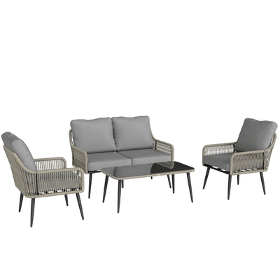 Outsunny Rattan Garden Furniture Set, 4 Piece Outdoor Patio Furniture with Tempered Glass Table and Chairs, Indoor Balcony Conservatory Set 
