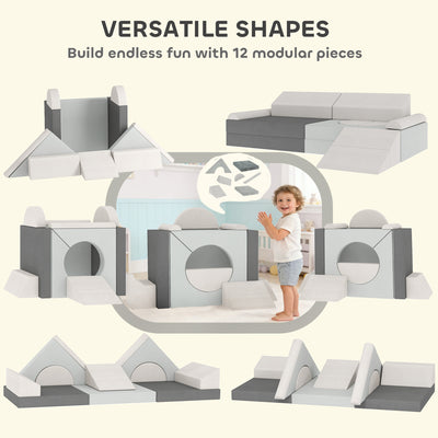 AIYAPLAY Kids Play Sofa, 12 Pieces Foam Modular Soft Play Set for Playroom, Children Convertible Sofa for Boys and Girls, Grey 