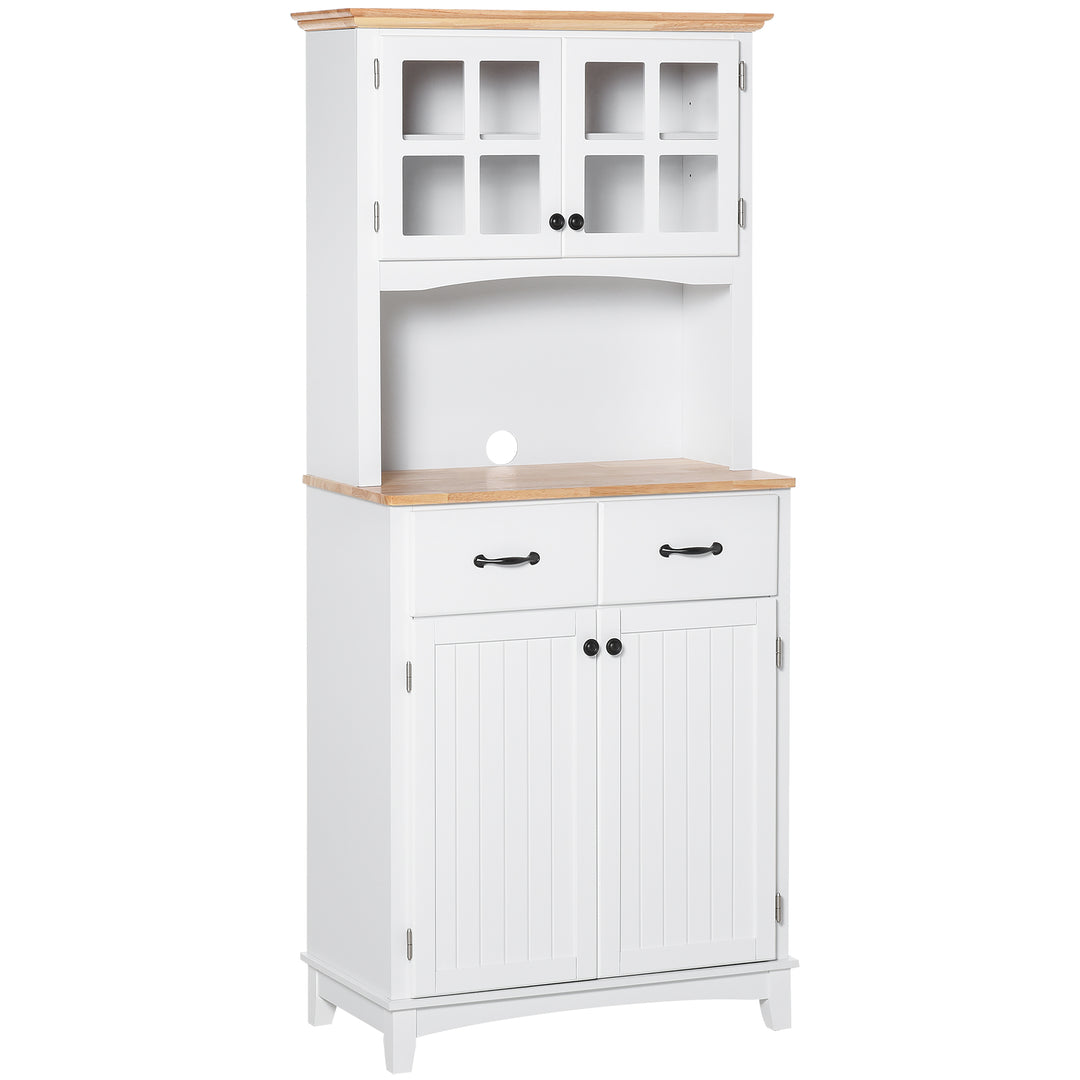 HOMCOM Freestanding Kitchen Cupboard, Kitchen Storage Cabinet with Framed Glass Doors, 2 Drawers, Microwave Counter, White 