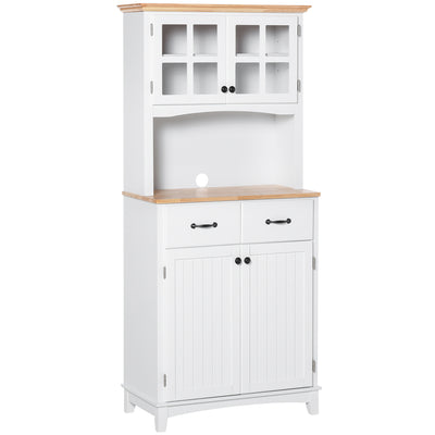 HOMCOM Freestanding Kitchen Cupboard, Kitchen Storage Cabinet with Framed Glass Doors, 2 Drawers, Microwave Counter, White 