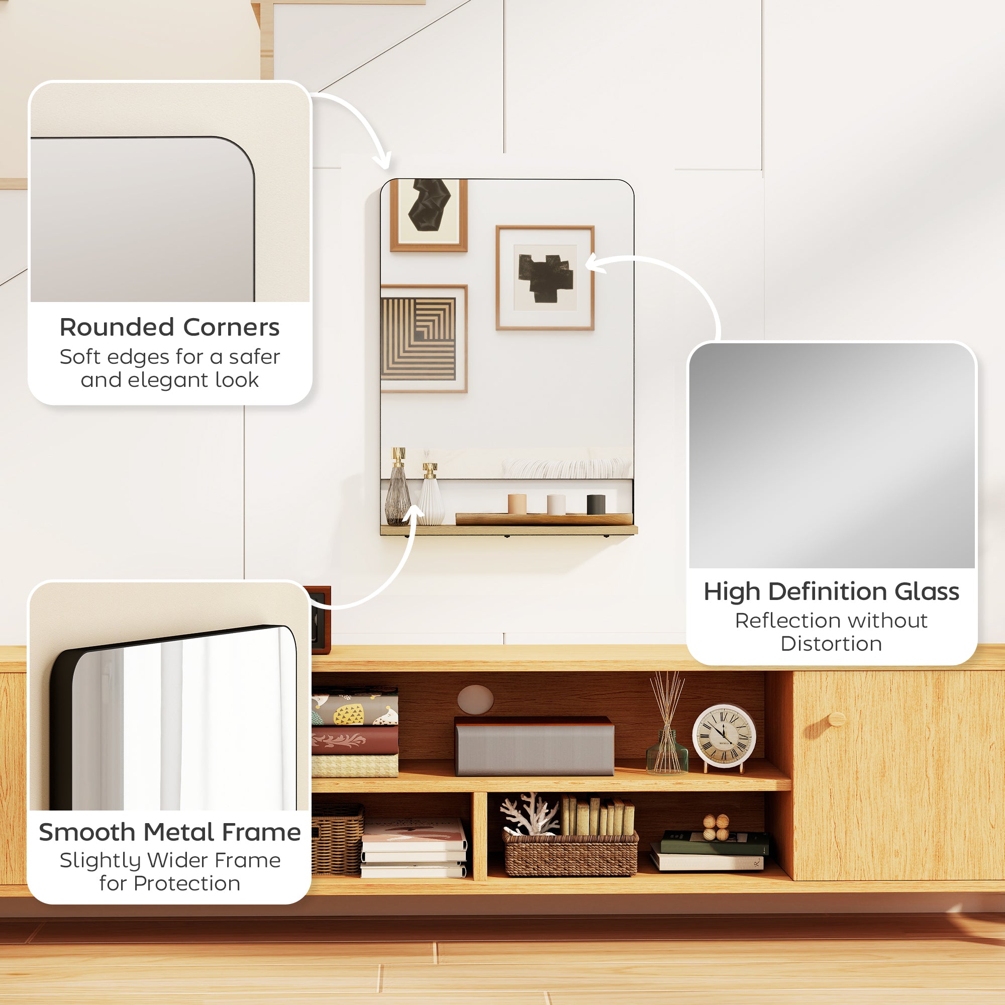 HOMCOM Wall Mirror with Wood Shelf - Black 