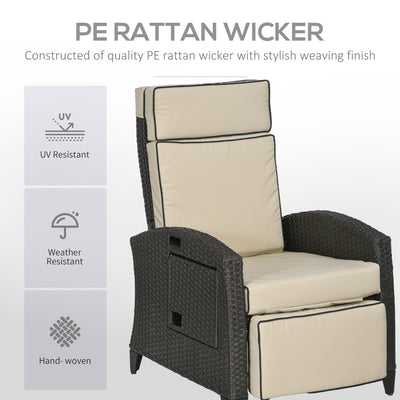 Outsunny Outdoor Recliner Chair with Adjustable Backrest and Footrest, Cushion, Side Tray, Khaki 