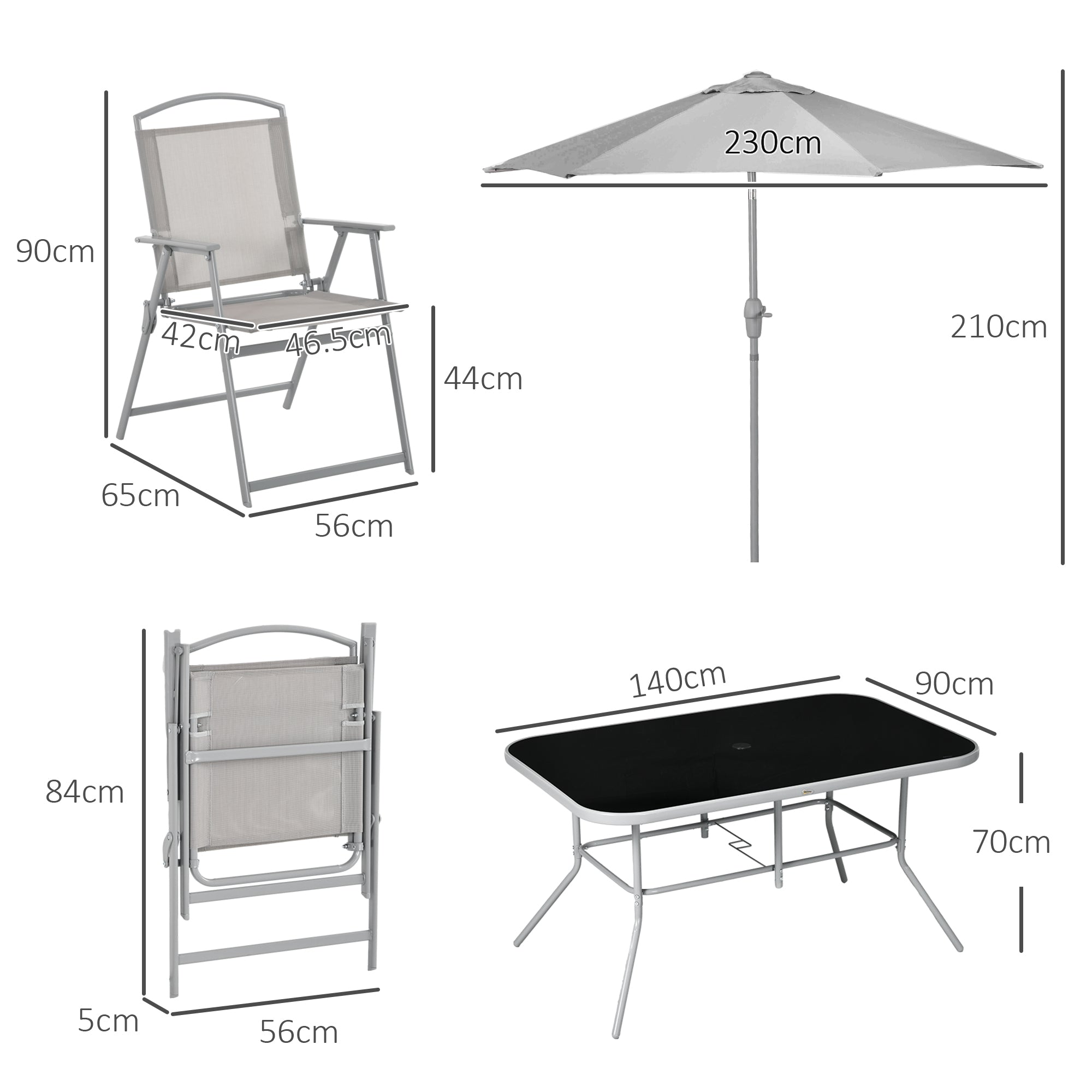 Outsunny Eight-Piece Garden Dining Set, with Chairs, Table and Parasol - Grey 