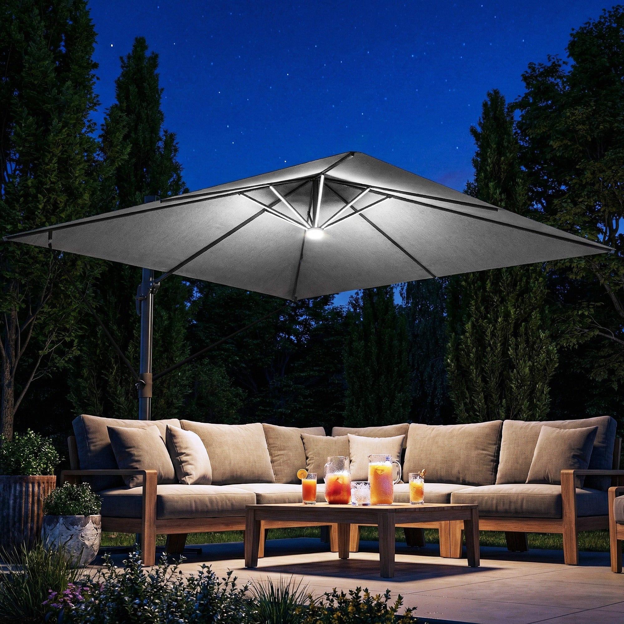 Outsunny 3 x 3 m Garden Cantilever Parasol with Light, Cover, Overhanging Umbrella w/ Wind Protection, 360° Rotation, Light Grey 