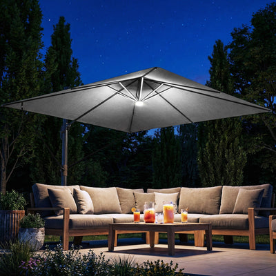Outsunny 3 x 3 m Garden Cantilever Parasol with Light, Cover, Overhanging Umbrella w/ Wind Protection, 360° Rotation, Light Grey 