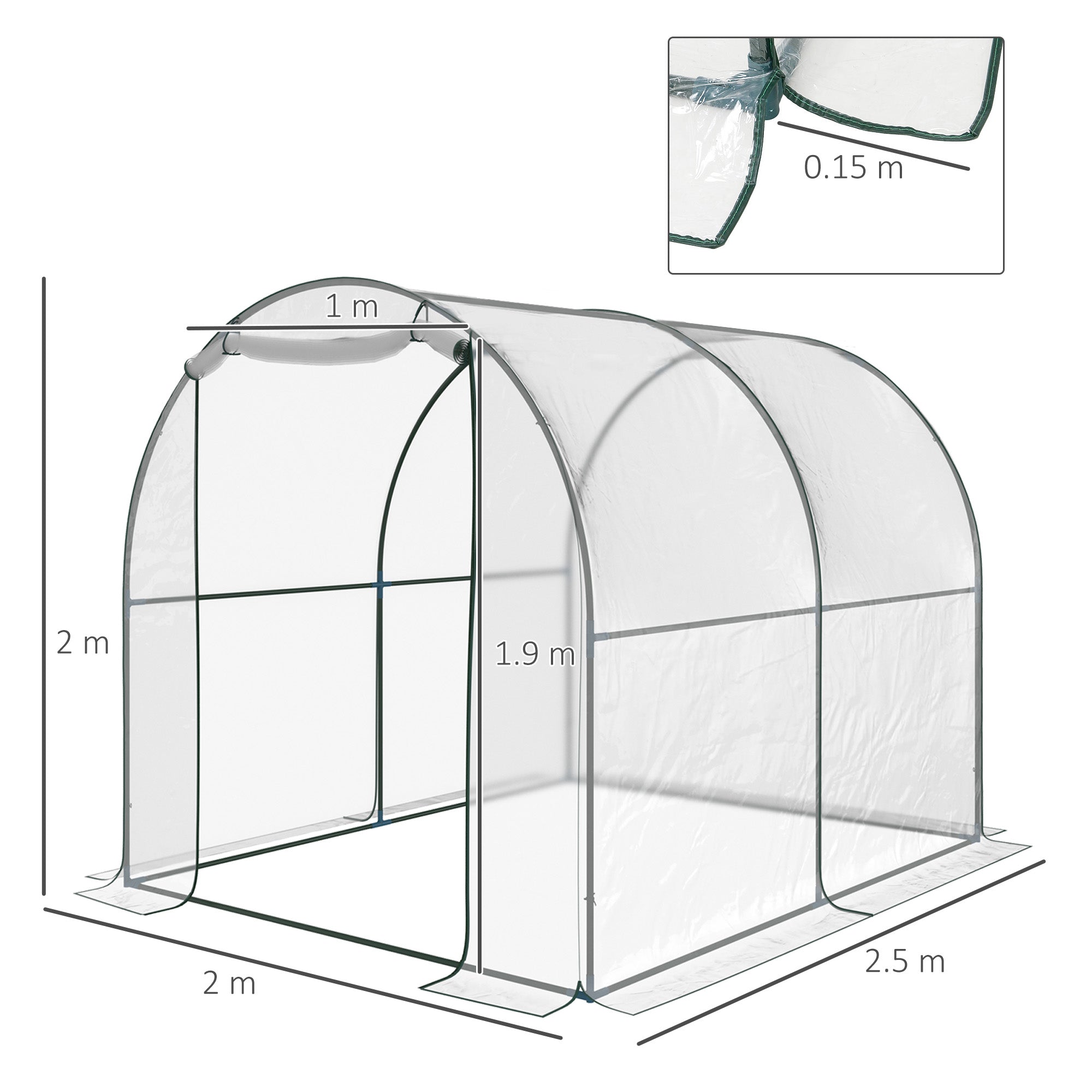 Outsunny Walk-in Polytunnel Greenhouse with Roll-up Door Transparent Tunnel Greenhouse with Steel Frame and PVC Cover, 2.5 x 2m 