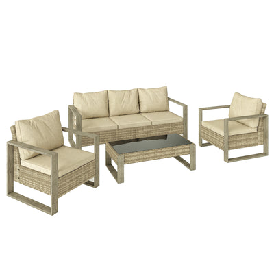 Outsunny 4 Piece Rattan Garden Furniture Set with 3-Seater Sofa, Armchairs, Table, Aluminium Frame Patio Conversation Set, Khaki 