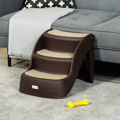 PawHut Foldable Pet Stairs Portable Dog Steps 3-Step Design with Non-slip Mats for High Beds, Sofas, 49 x 38 x 38 cm, Brown 
