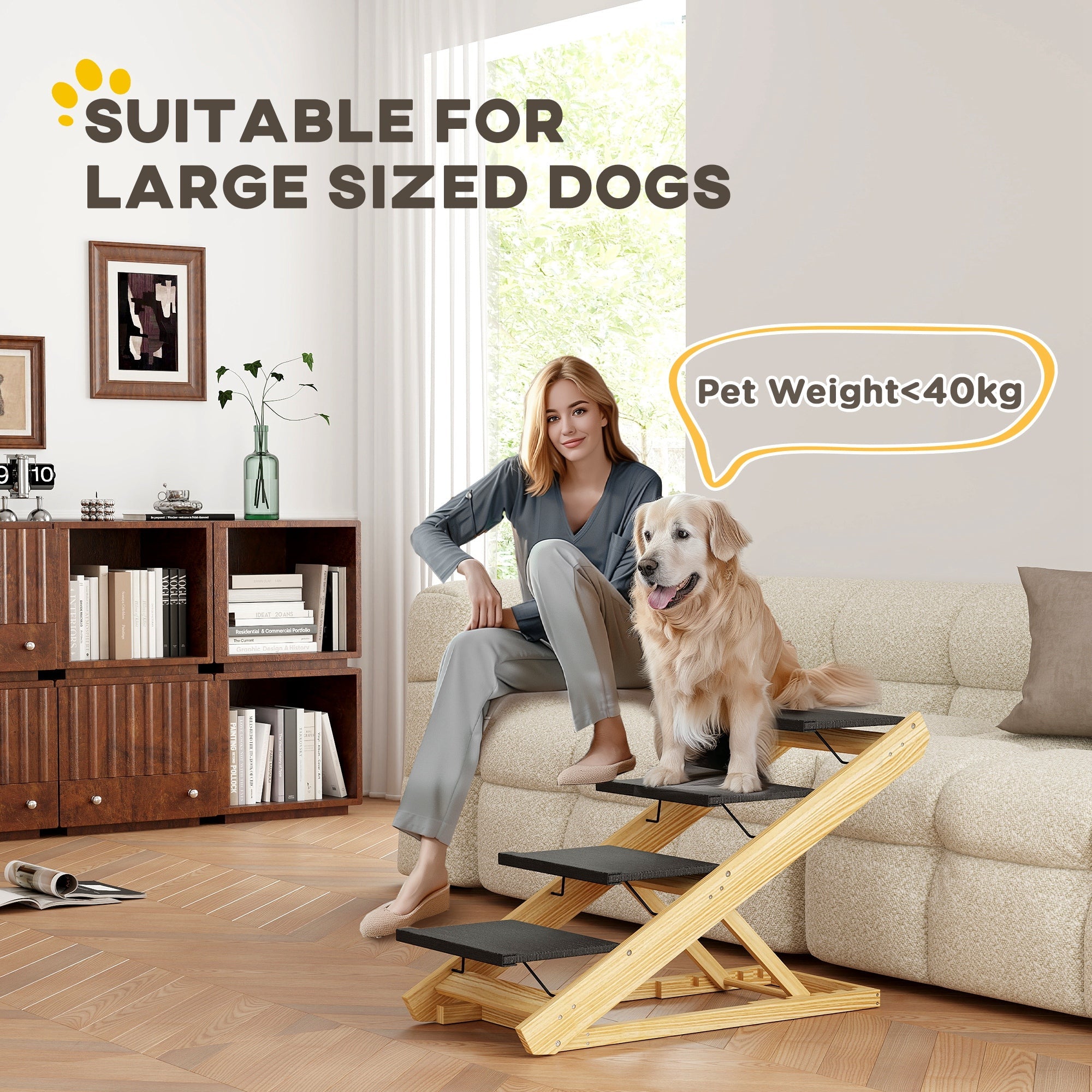 PawHut Adjustable Dog Steps Dog Ramp, 4-Step Non-slip Pet Stairs for Large Sized Dogs, Foldable Dog Stairs for Bed Sofa 