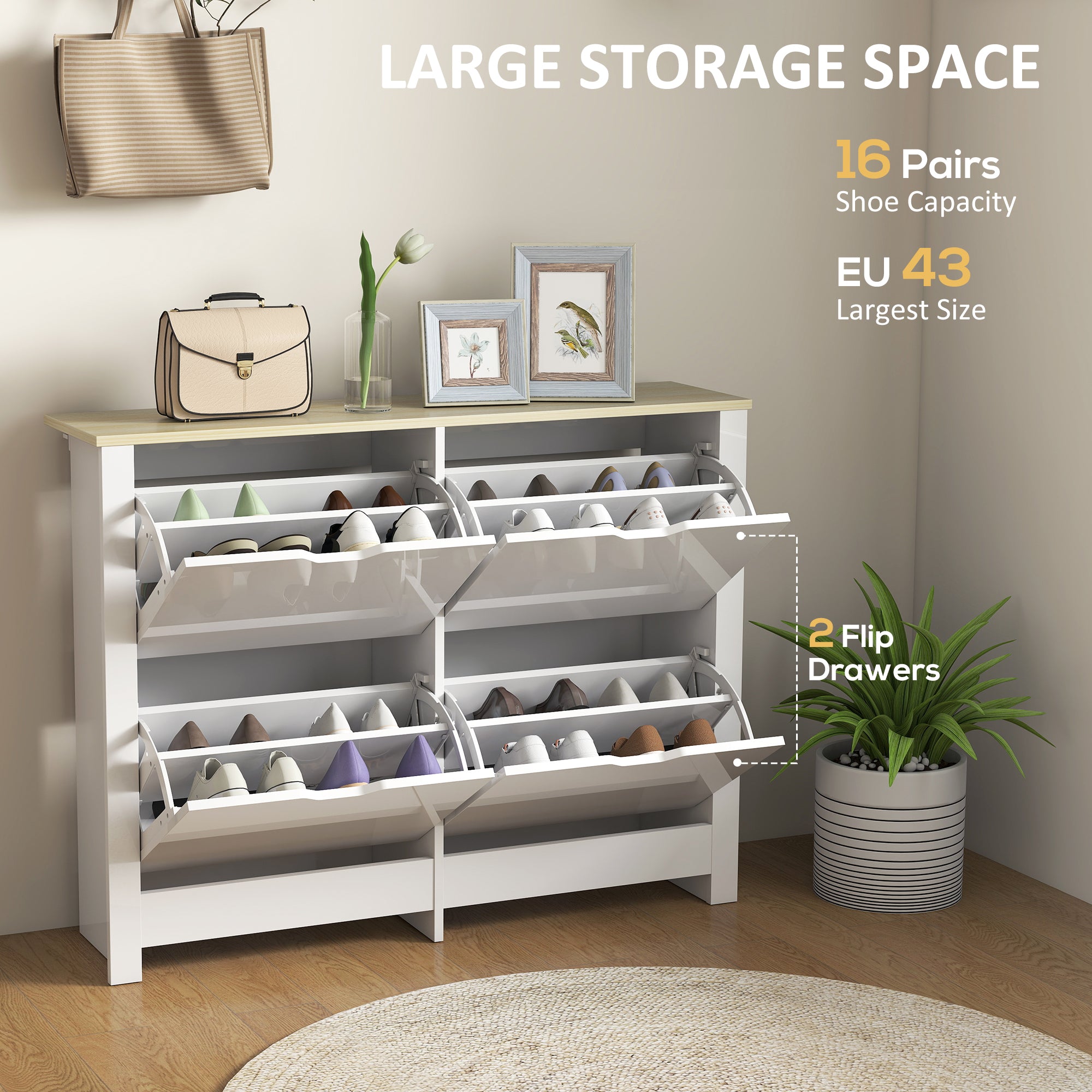 HOMCOM Slim Shoe Cabinet, Narrow Shoe Cupboard with 4 Flip Drawers, Adjustable Shelves for 16 Pairs of Shoes, White 