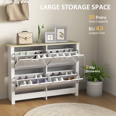 HOMCOM Slim Shoe Cabinet, Narrow Shoe Cupboard with 4 Flip Drawers, Adjustable Shelves for 16 Pairs of Shoes, White 