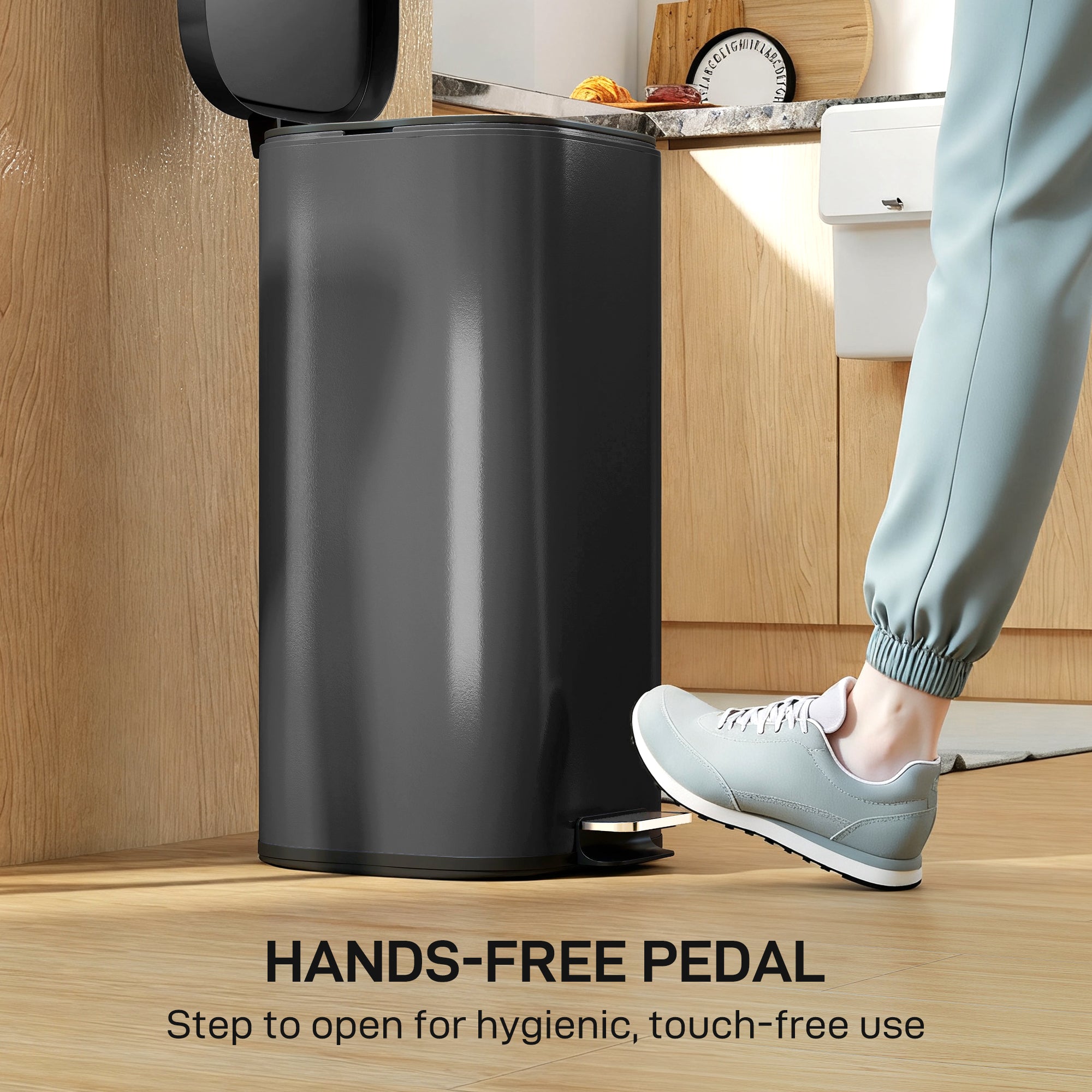 HOMCOM 30L Kitchen Bin, Compact Pedal Bin with Soft-Close and Stay-Open Lid, Removable Bucket for Kitchen, Home, Office, Black 