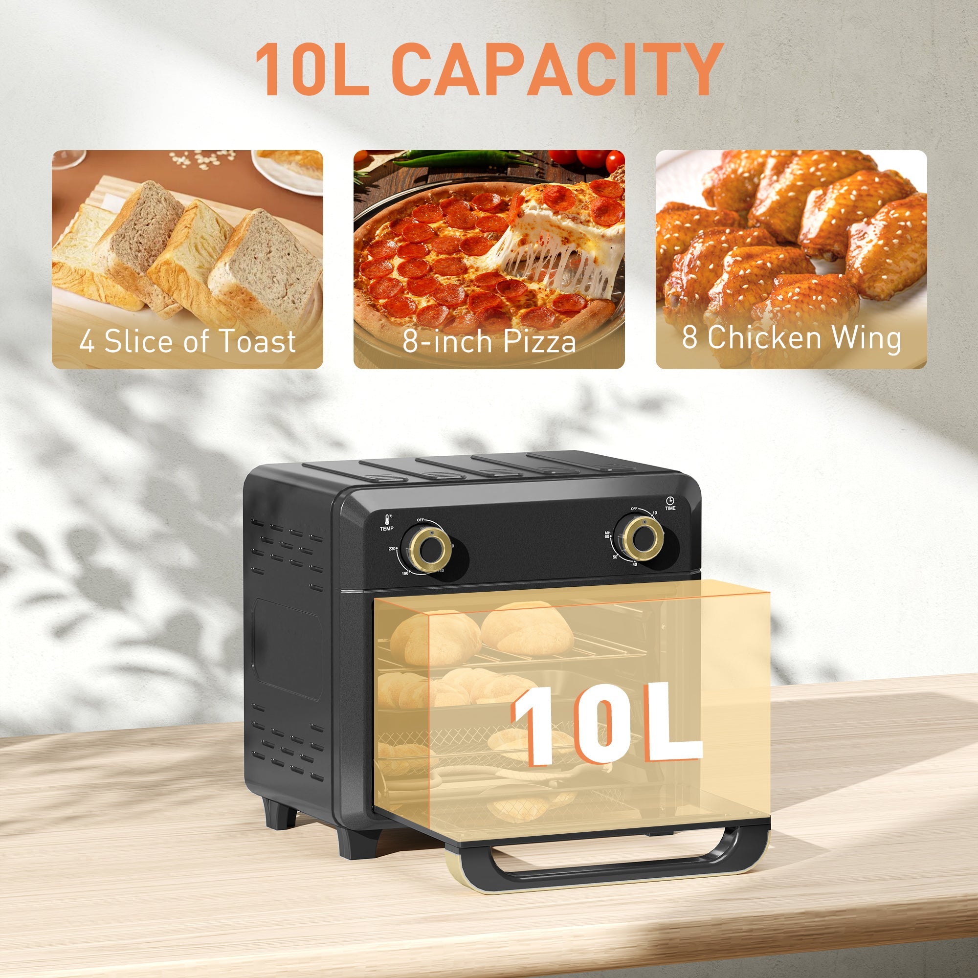HOMCOM 10L Air Fryer Oven, Mini Oven, Oil Free Cooking, Grill, Roast, Bake, with Adjustable Temperature, Timer, Dishwasher Safe, 1000W, Black 