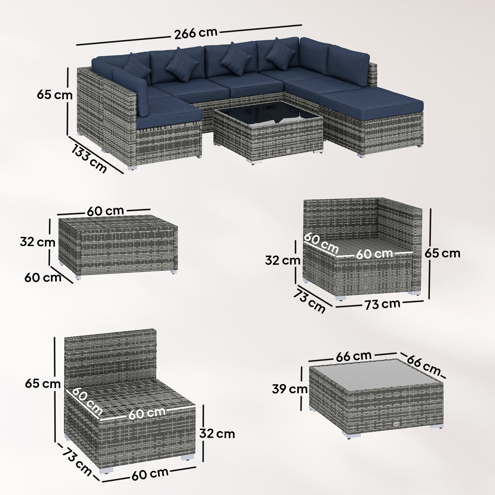 Outsunny 8 Pieces PE Rattan Corner Sofa Set, Outdoor Garden Furniture Set, Patio Wicker Sofa Seater w/ Cushion, Dark Blue 