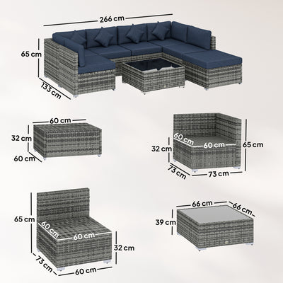 Outsunny 8 Pieces PE Rattan Corner Sofa Set, Outdoor Garden Furniture Set, Patio Wicker Sofa Seater w/ Cushion, Dark Blue 