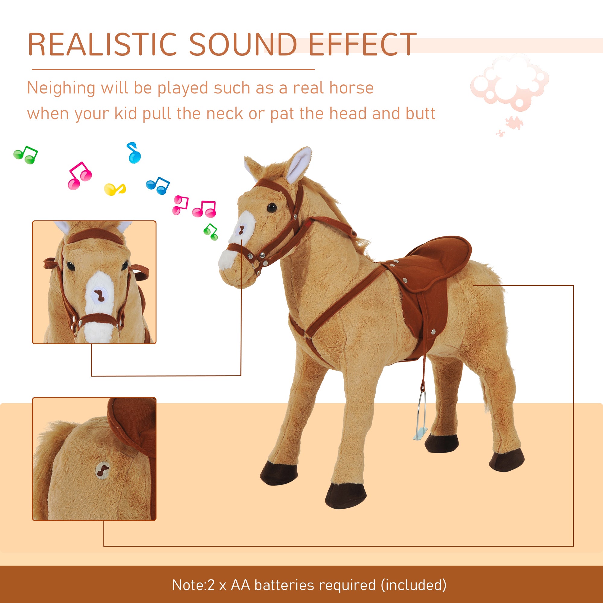 HOMCOM Kids Ride On Standing Horse Cuddly Toy Children Plush Soft Pony Gift w/ Neigh Sound or 3 Years and Up Beige 