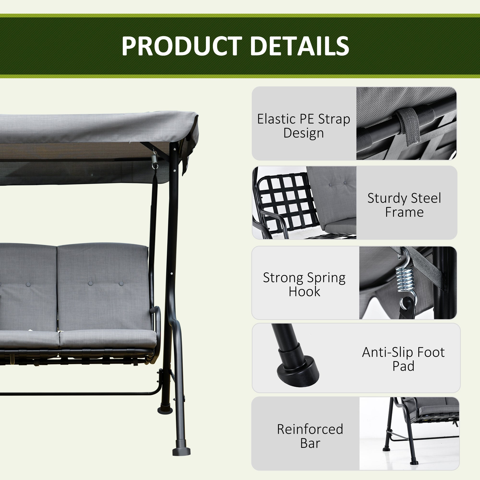 Outsunny Outdoor 3-person Metal Porch Swing Chair Bench, Grey 