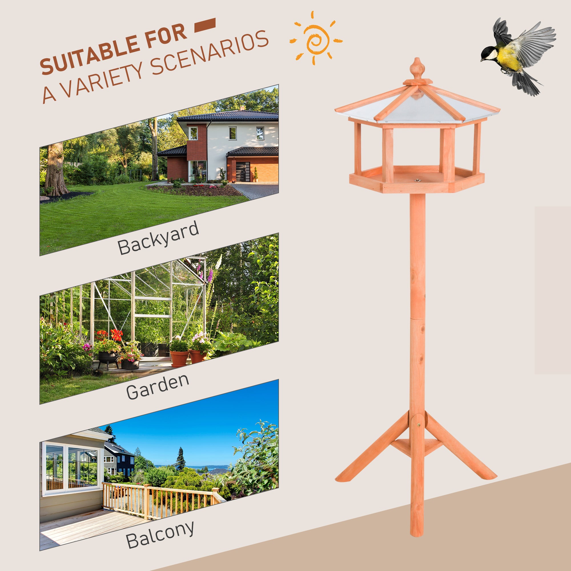 PawHut Wooden Bird Table Free Standing Feeder Garden Sheltered Feeding Station Parrot Stand Birdhouse Φ40x113cm 