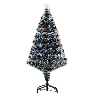 HOMCOM 4ft Artificial Prelit Christmas Tree, Snow Xmas Tree with Colourful LED Lighting Fibre Optics, Green White