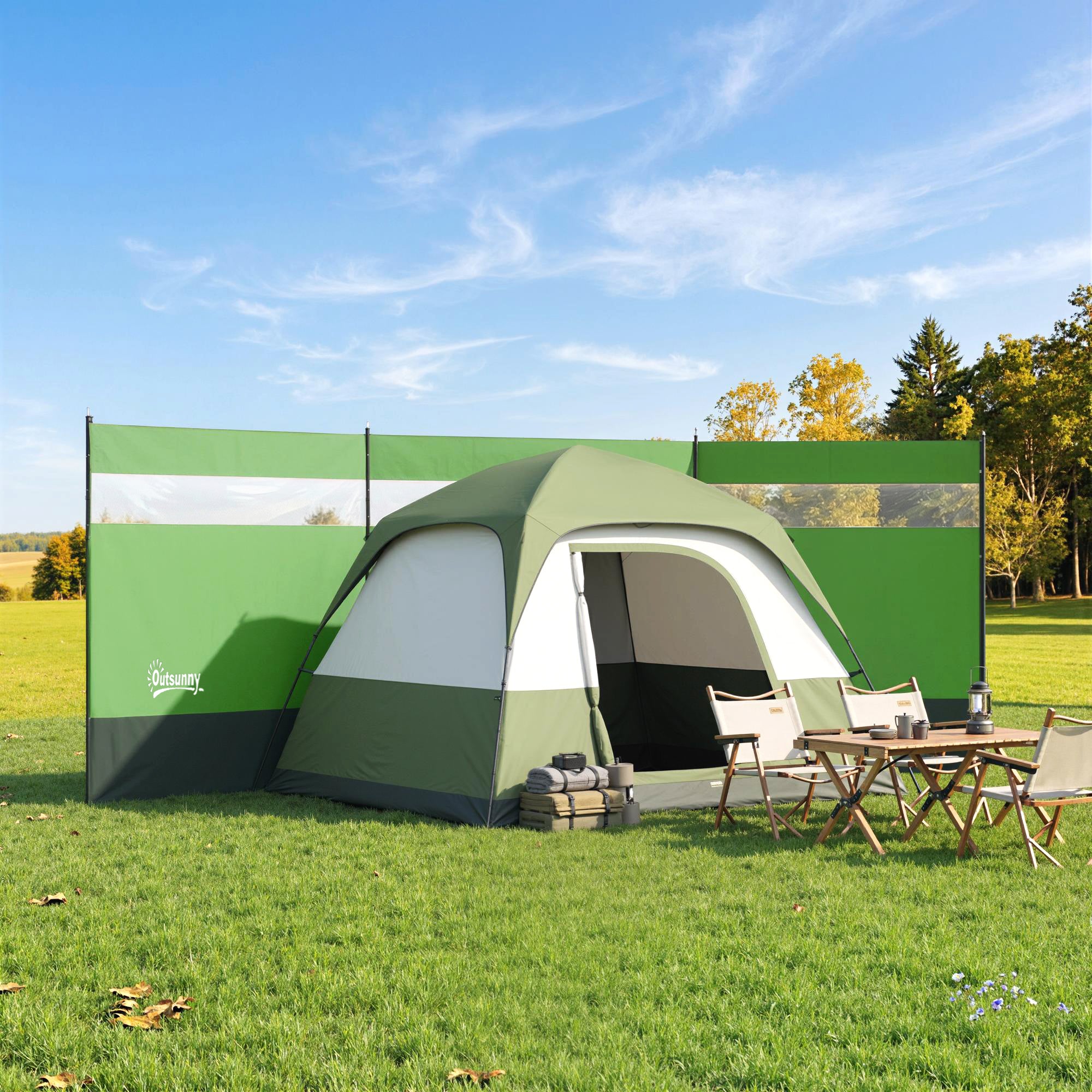 Outsunny Camping Windbreaker with Clear Windows, Carry Bag and Steel Poles, for Beach Caravan Campervan, 440 x 140cm, Army Green 
