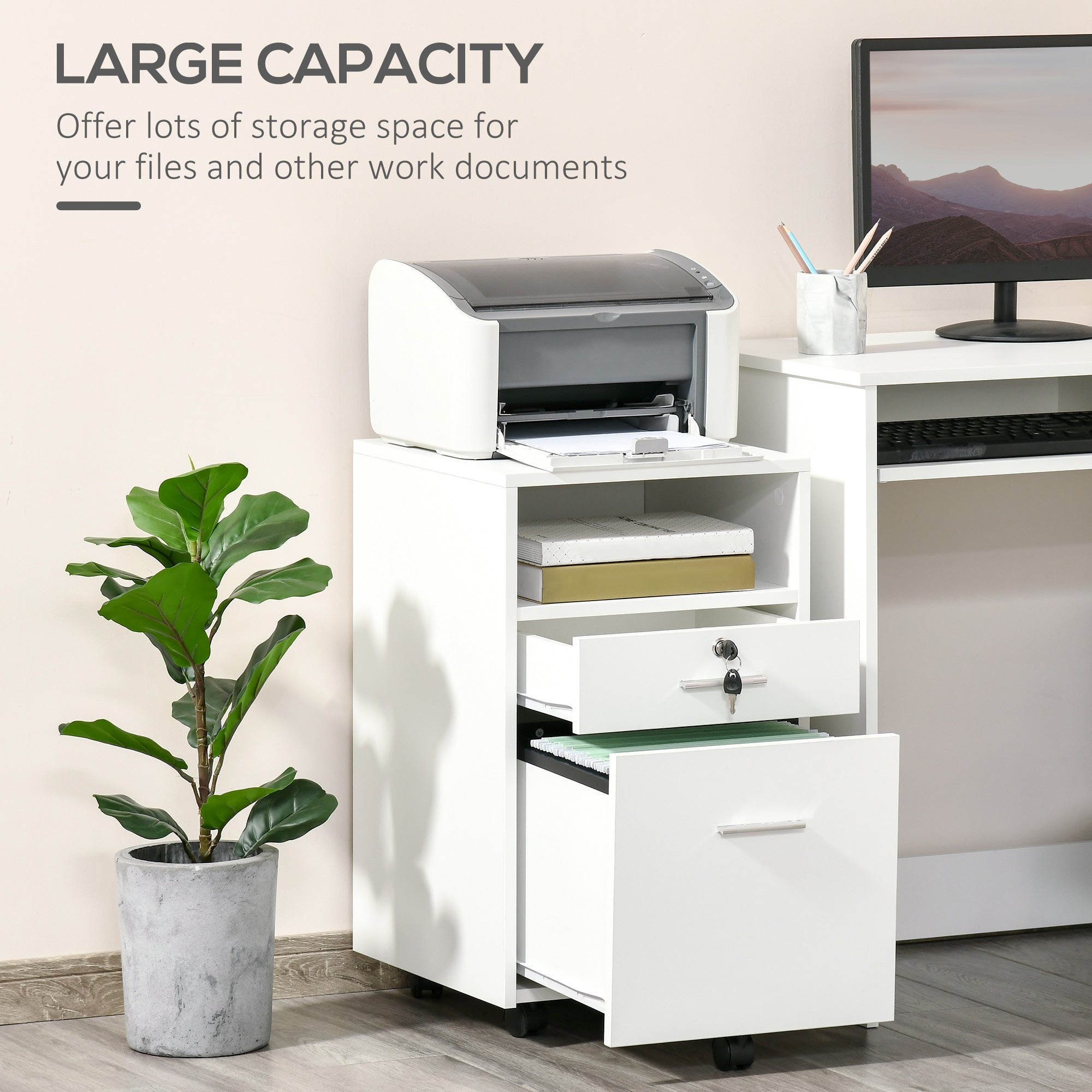 Vinsetto Lockable Two-Drawer Filing Cabinet, with Wheels - White 