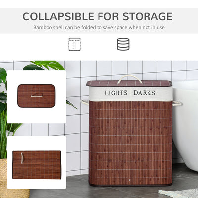 HOMCOM 100L Laundry Basket with Lid String Handles, 2 Section Collapsible Hamper Removable Lining Foldable Water-Resistant Dirty Clothes Storage, Brown 
