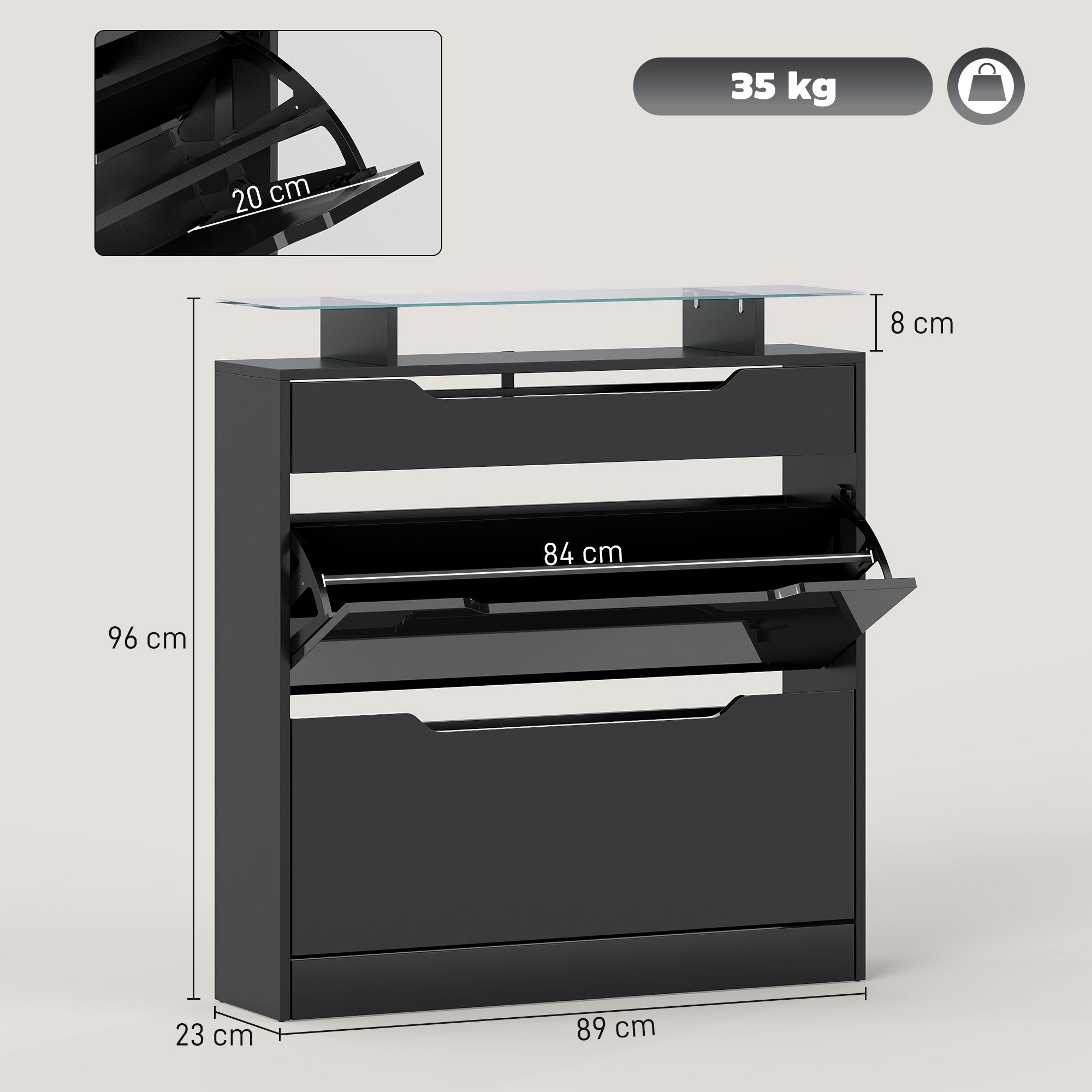 HOMCOM Shoe Storage Cabinet with Slide Out Drawer, 2 Flip Doors, Tempered Glass Top - Black