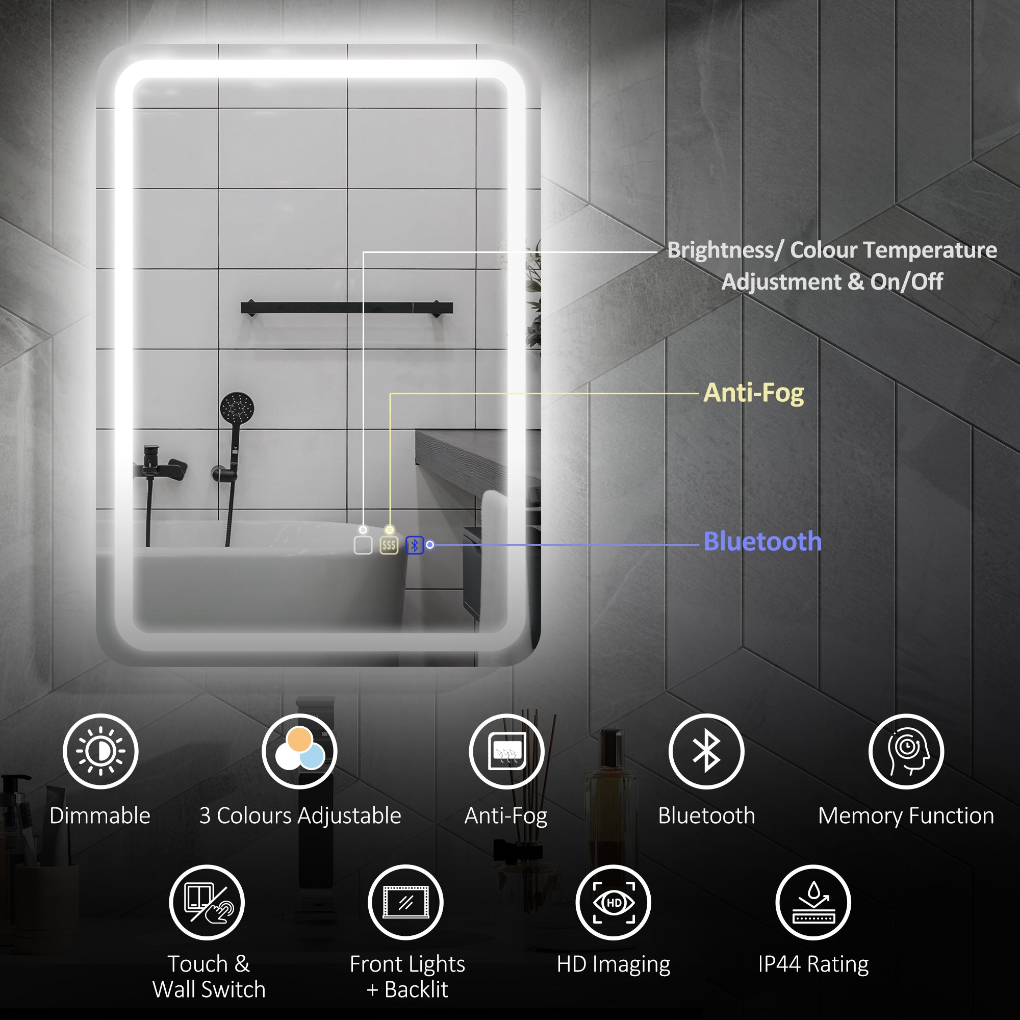 HOMCOM 50 x 70 cm Bluetooth LED Bathroom Mirror with Anti-Fog - Silver Tone