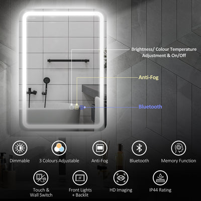 HOMCOM 50 x 70 cm Bluetooth LED Bathroom Mirror with Anti-Fog - Silver Tone 