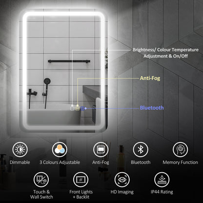 HOMCOM 50 x 70 cm Bluetooth LED Bathroom Mirror with Anti-Fog - Silver Tone