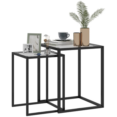 HOMCOM Nesting Tables Set of 2, Side End Table with Tempered Glass Top and Steel Frame for Living Room, Bedroom, Black 