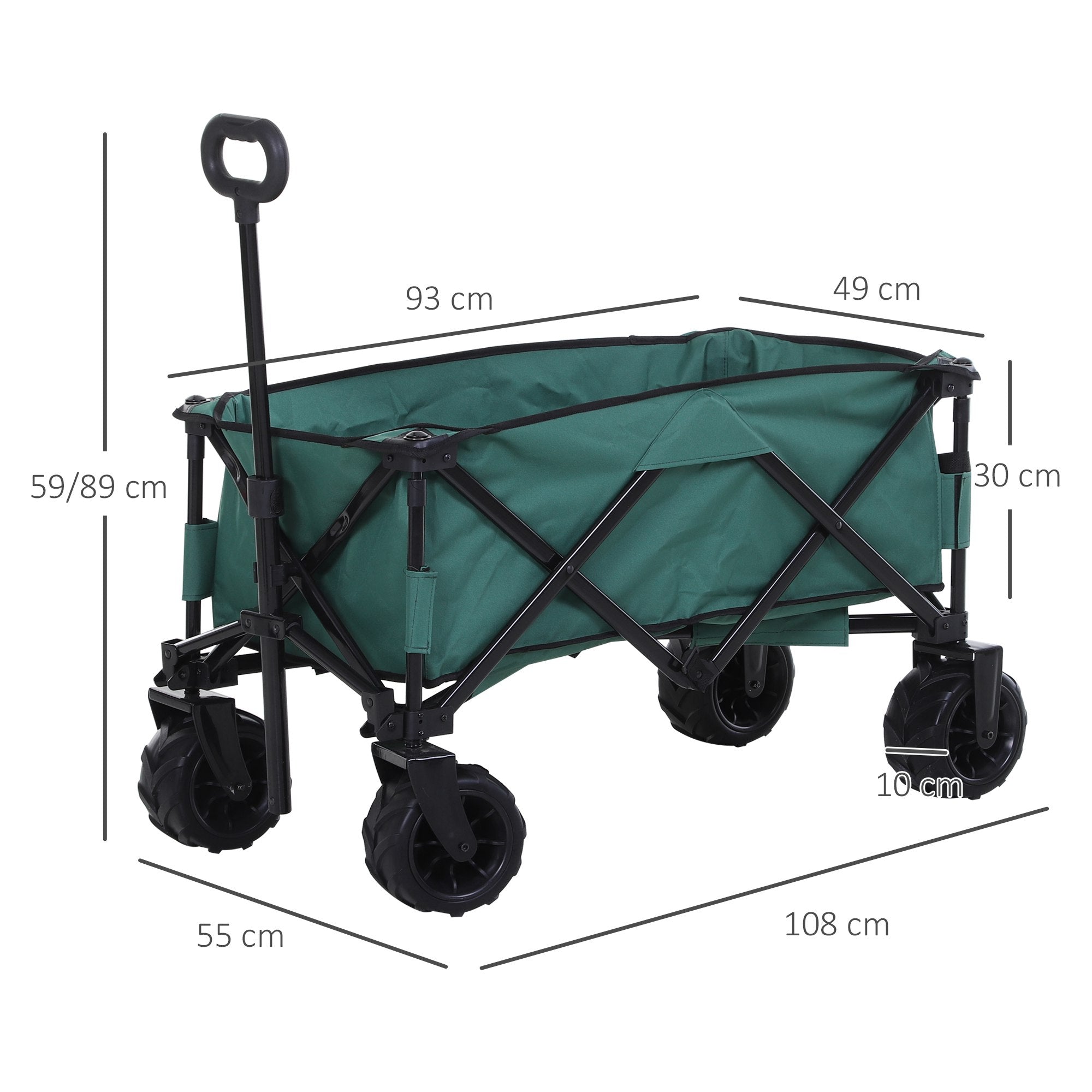 Outsunny 140L Folding Garden Trolley Cart, Festival Trolley on Wheels with Telescopic Handle, Big Wheels for Outdoor Camping Beach, Green 