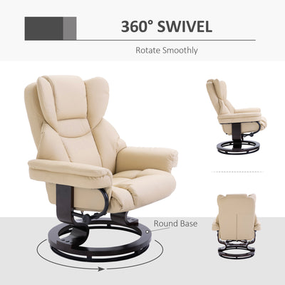 HOMCOM Faux Leather Recliner Chair and Footstool, Swivel Upholstered Armchair and Footstool with Adjustable Backrest, Solid Wood Base for Living Room, Cream 