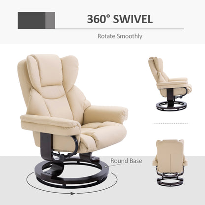 HOMCOM Faux Leather Recliner Chair and Footstool, Swivel Upholstered Armchair and Footstool with Adjustable Backrest, Solid Wood Base for Living Room, Cream