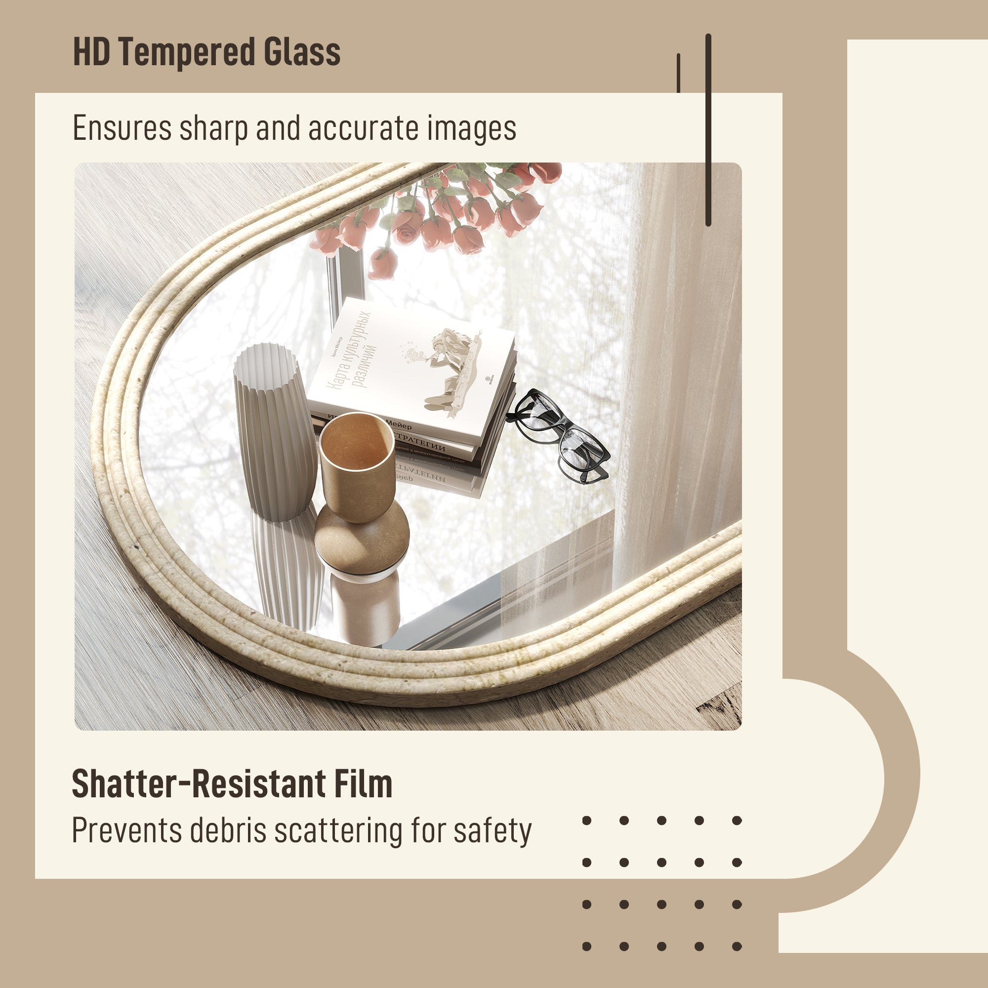 HOMCOM Arched Wall Mirror with Grooved Edge & Hooks, Wall-Mounted Mirror, Modern Tempered Glass & Polystyrene Beige 