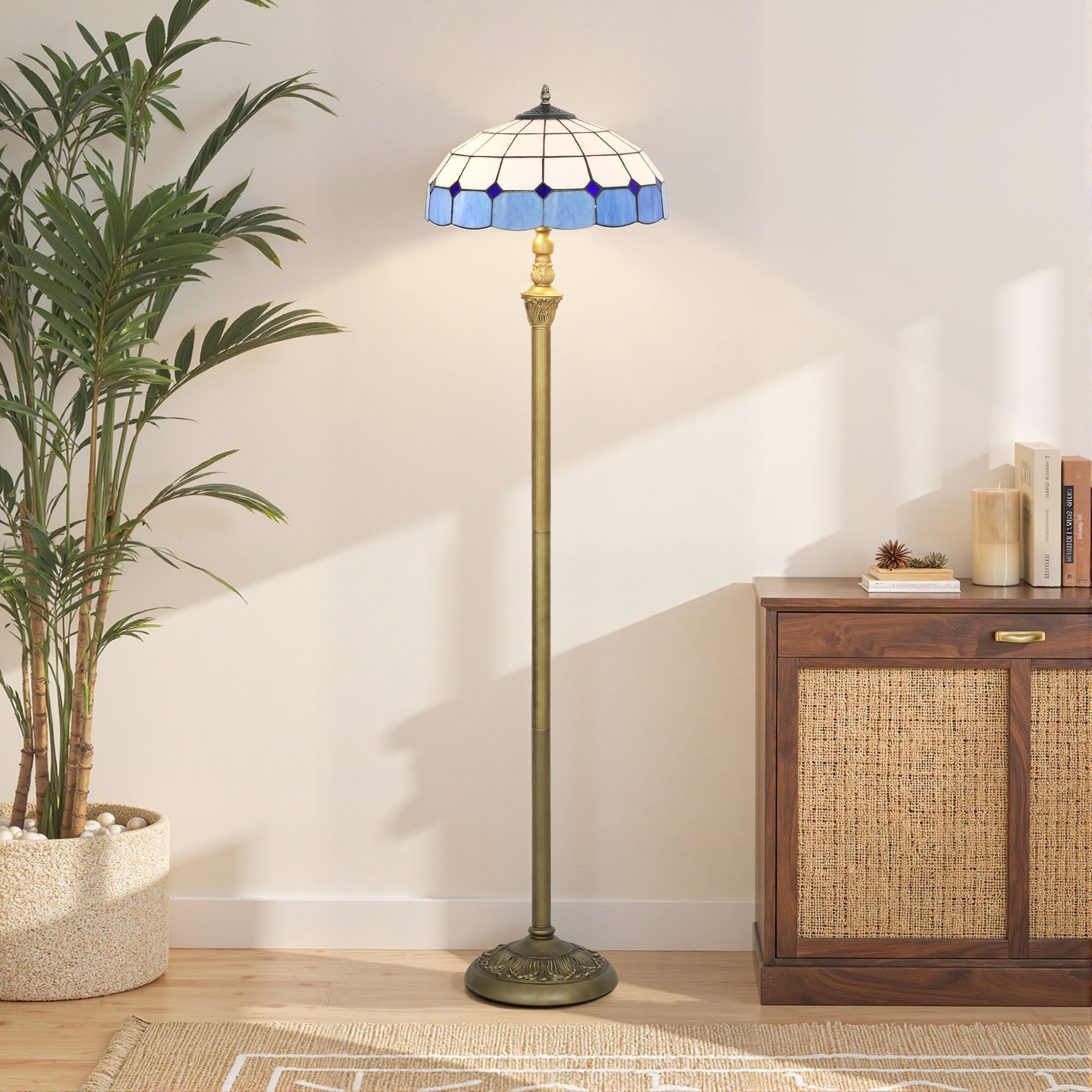 HOMCOM Tiffany-Style Floor Lamp with Handcrafted Stained Glass Shade, 152cm Tall Vintage Standing Lamp with Foot Switch and Dual Sockets for Living Room Bedroom, Bronze Tone and Blue 