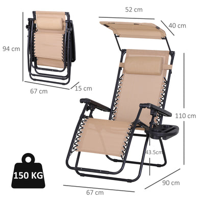 Outsunny 2 Piece Foldable Reclining Garden Chair with Headrest, Zero Gravity Deck Sun Lounger Seat Chair with Footrest, Armrest, Cup Holder & Canopy Shade, Beige 