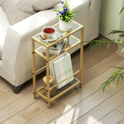 HOMCOM 3-Tier Side Table, Narrow End Table with Storage Shelf and Tempered Glass Tabletop for Small Spaces, Bedroom, Living Room, Entryway, Gold Tone 