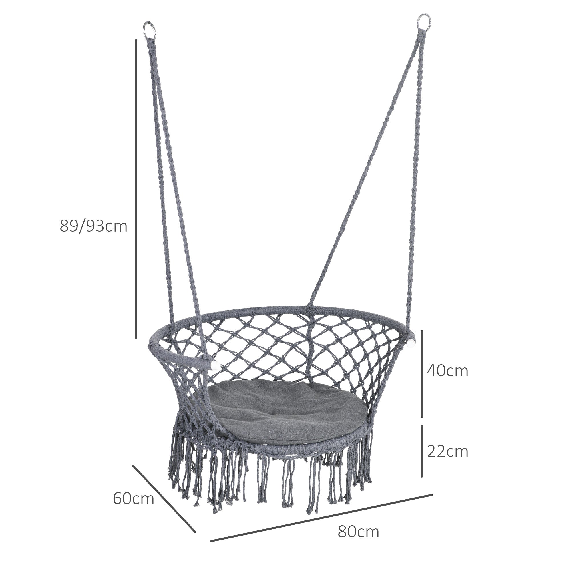 Outsunny Outdoor Hanging Rope Chair with Cotton Rope, Cotton-Polyester Blend Macrame Garden Hammock Chair with Seat Cushion, Support Backrest, for Patio, Garden, Porch, Dark Grey 
