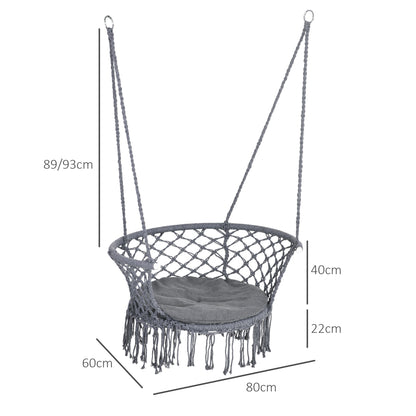 Outsunny Outdoor Hanging Rope Chair with Cotton Rope, Cotton-Polyester Blend Macrame Garden Hammock Chair with Seat Cushion, Support Backrest, for Patio, Garden, Porch, Dark Grey 