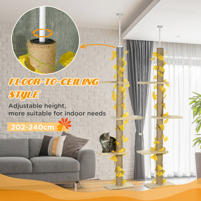 PawHut 242cm Adjustable Floor-To-Ceiling Cat Tree, with Artificial Decoration, Perches, Anti-Slip Kit - Yellow 