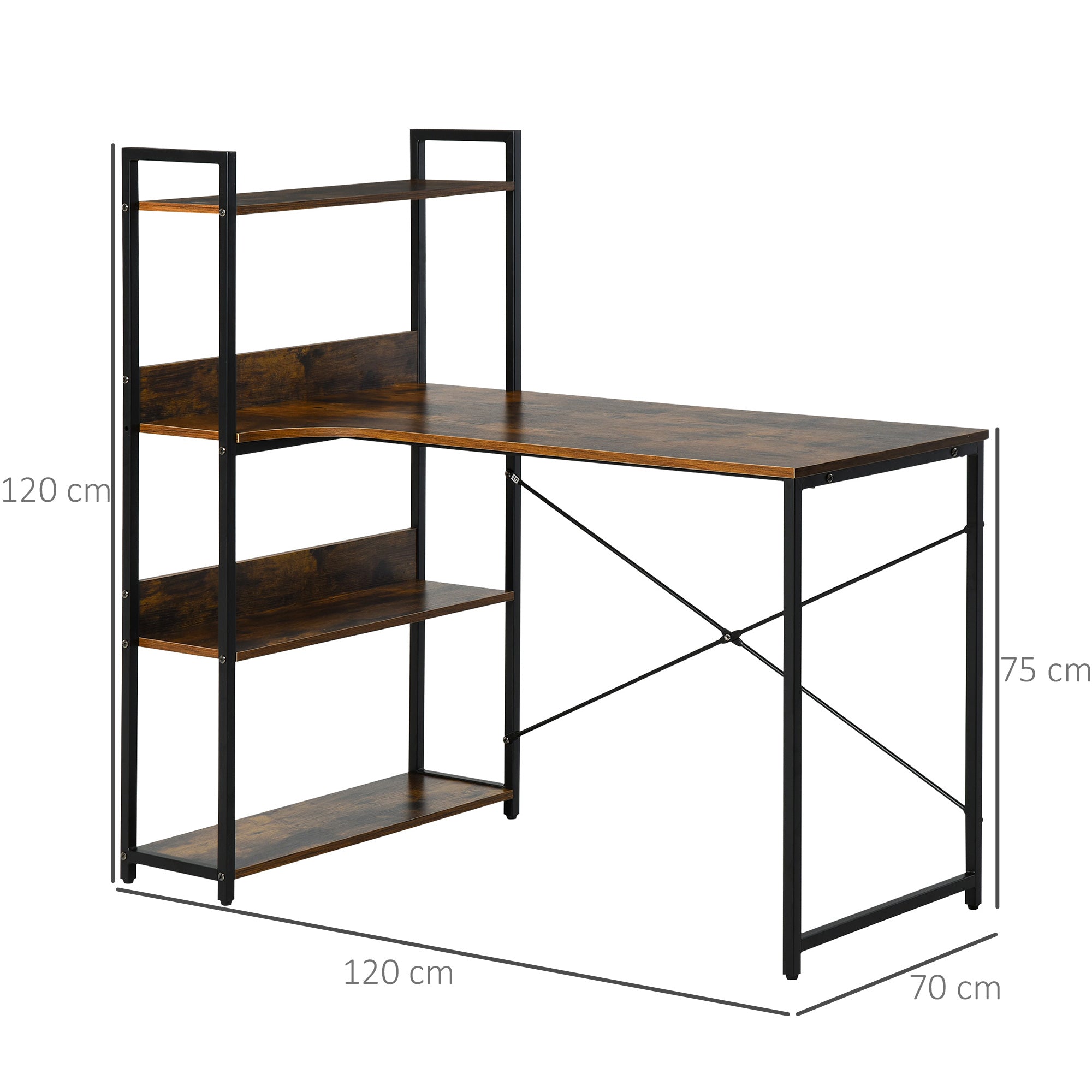 HOMCOM Computer Desk with Storage Shelves 120 CM Corner Desk, Computer Desk Writing Table with Metal Frame for Home Office Small Space, Rustic Brown 