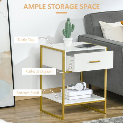 HOMCOM Bedside Table, Modern Side Table with Drawer and Shelf, Nightstand for Bedroom, White 