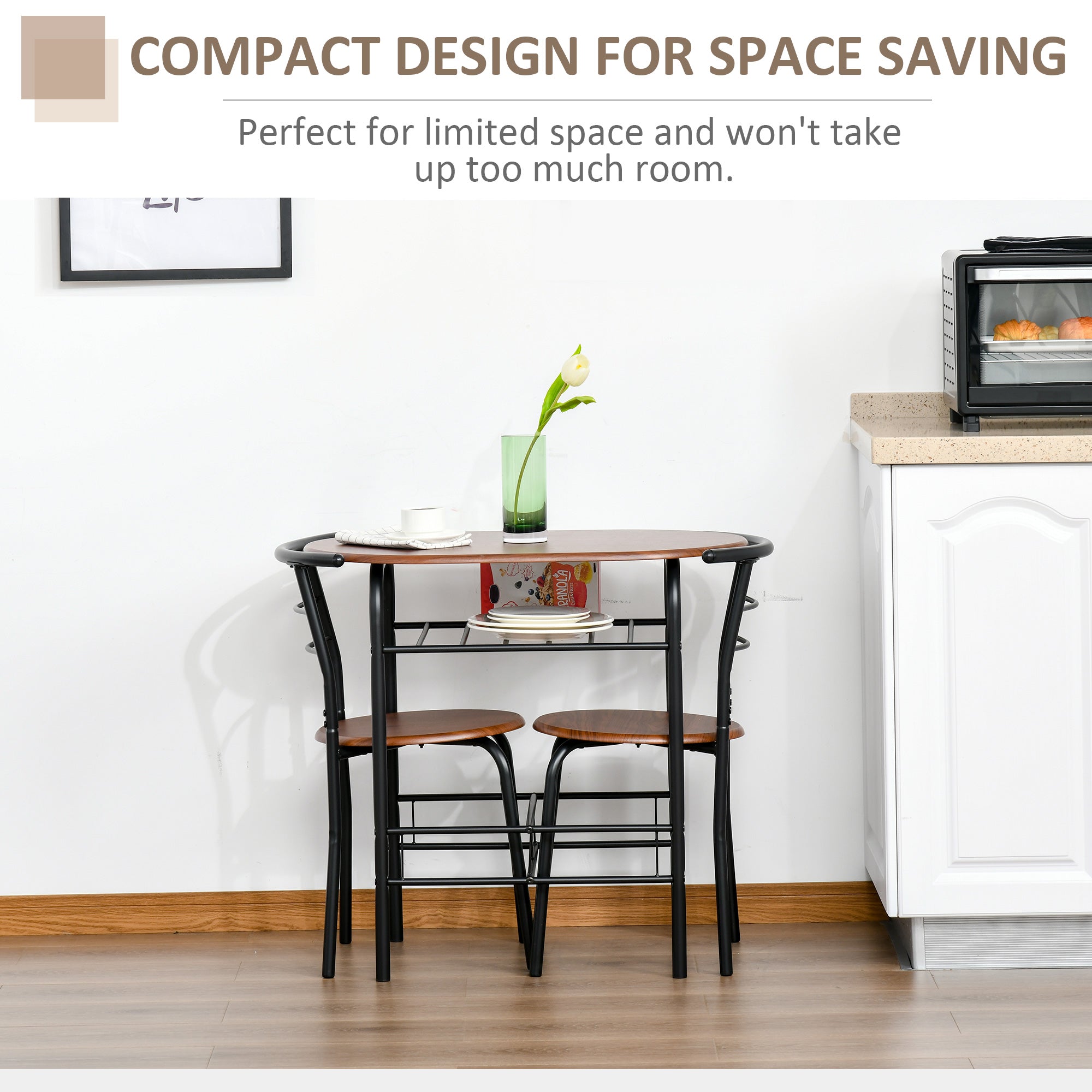 HOMCOM 3-Piece Dining Table Set , Metal Frame Wood Top Breakfast Bar Table Set for 2, Dining Table w/Storage Shelf & 2 chairs 