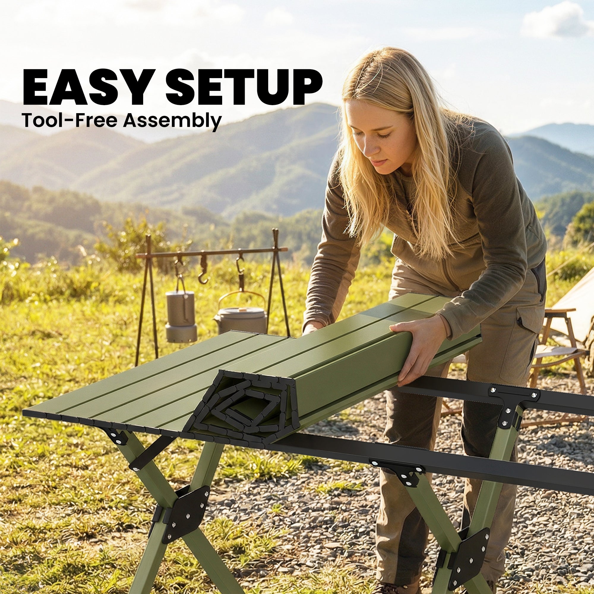 Outsunny 4ft Folding Camping Table, Waterproof Picnic Table with Roll Up Top and Metal Frame, Green 