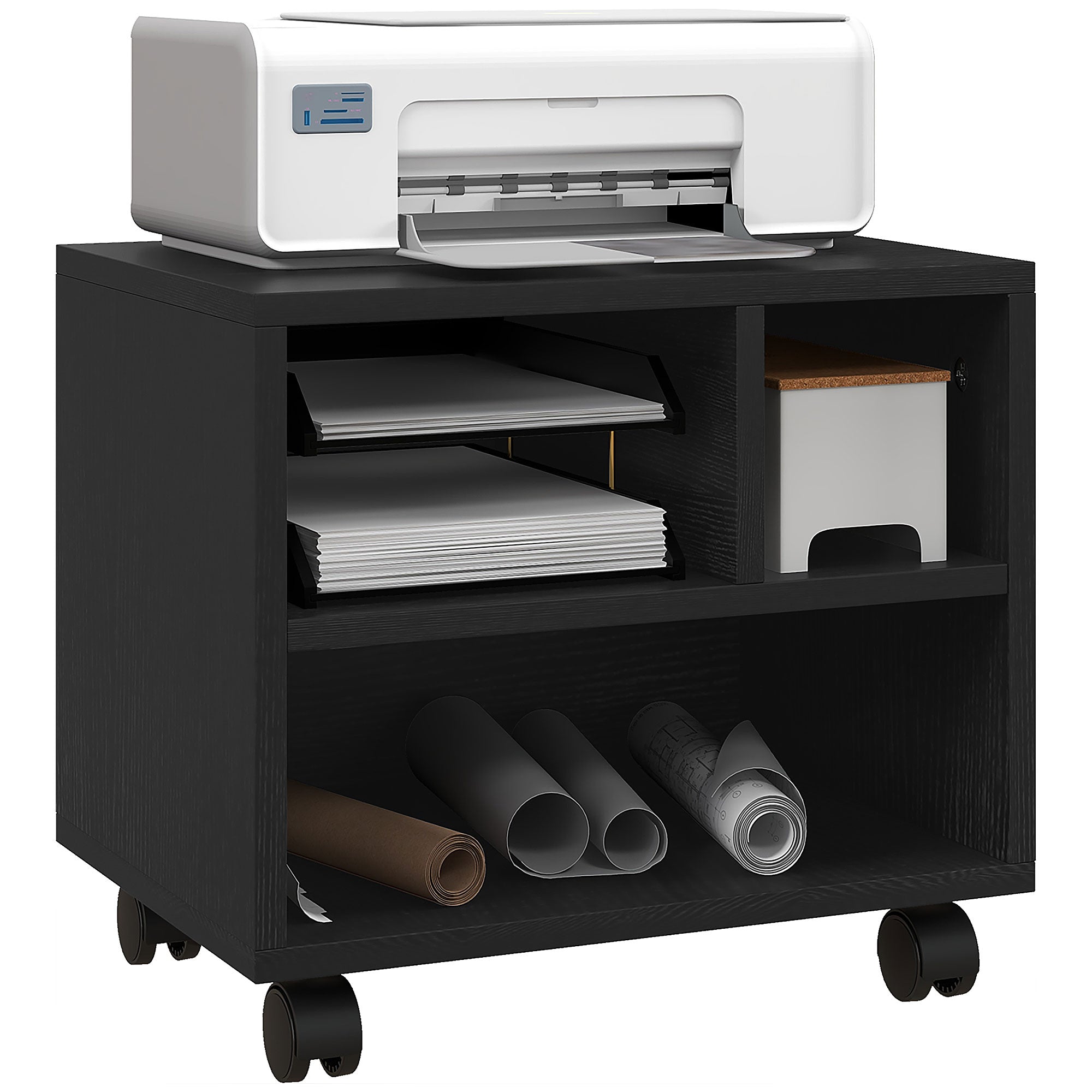 HOMCOM Three-Compartment Printer Cabinet, with Wheels - Black 